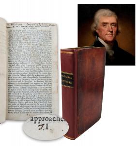 Thomas Jefferson signed and personally owned book, Vol. IV of Plutarch’s Morals (London: Printed for W. Taylor, 1718), from Jefferson’s library, with extensive provenance. Not seen at auction for over 200 years! Estimate: $26,000-$35,000.
