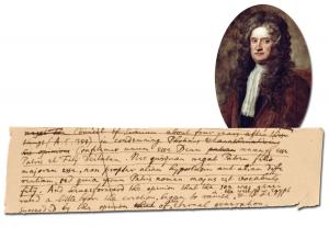Isaac Newton autograph manuscript fragment consisting of nine lines (more than 85 words) written in both Latin and English, discussing the relationship between God and Jesus. Estimate: $18,000-$20,000.