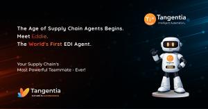 A 3D white robot character named Eddie, representing Tangentia's TiA EDI AI Agent, waving against a dark background with the text "Meet EDDIE. The World’s First EDI Agent."