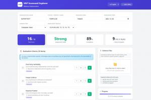 Screenshot of the VAP Scorecard Explorer v1.1 user interface showing auditability criteria, scores, and evidence guidance.