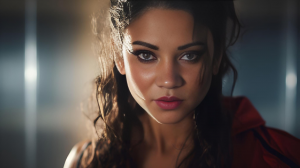 Close-up portrait of a woman with dark wavy hair and expressive eyes, softly lit from the side, looking directly at the camera with a calm, confident expression.
