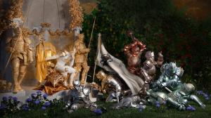 A digitally rendered artwork by Muhju showing armored figures in gold, silver, and bronze. Titled ‘Aurum Maledictum.’