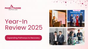 Year-In Review 2025: Expanding Pathways to Recovery" featuring the Robotimize logo and a collage of clinical and community milestones.