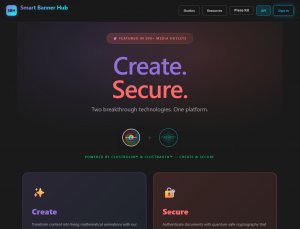 Smart Banner Hub landing page showing Create and Secure tagline with Clustrolin and Clustrauth logos side by side