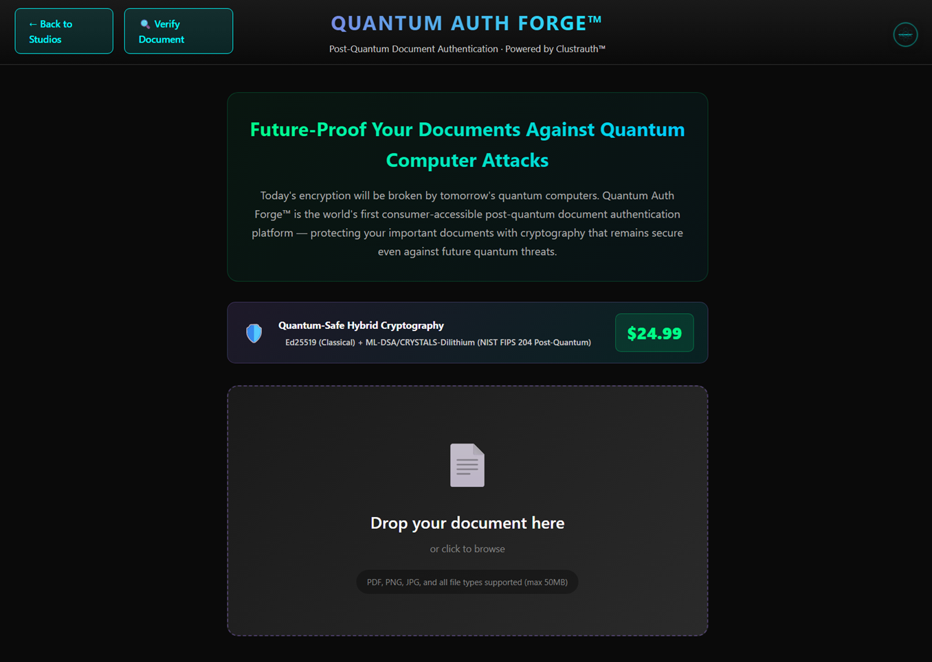 Quantum Auth Forge landing page with document upload interface and quantum-safe hybrid cryptography pricing