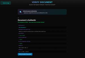 Quantum Auth Forge verification success screen showing Document is Authentic with green checkmarks for hash match and signature validation
