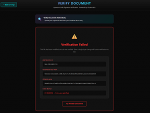 Quantum Auth Forge verification failed screen showing hash mismatch after file was modified