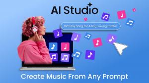 Promotional graphic for Creative Fabrica AI Studio featuring a woman with pink hair wearing headphones and emerging from a laptop screen. A text prompt bar displays the example "Birthday Song For A Dog-Loving Crafter" surrounded by colorful music icons an