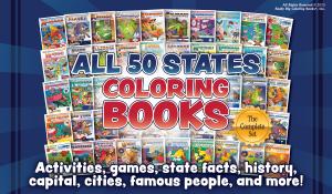All 50 States Coloring Book Set – Each State has its own 36-page book. 1800 pages total Collector Set – Great for educators, parents, home school, private and public schools.