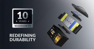 LiThink promotional graphic highlighting the "10 Years Warranty" badge and "Redefining Durability" tagline, alongside an exploded view of the LiFePO4 battery revealing its internal alloy frame structure designed for long-term stability.