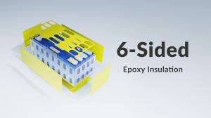 LiThink battery cell stack encased in comprehensive 6-sided yellow epoxy resin insulation sheets, designed for superior electrical isolation and vibration cushioning in RV and marine use.