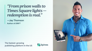 An image of the author holding up the book. Drift: A true story of addiction, homelessness, and the search for meaning by Jay Thomson, available now from Spines.