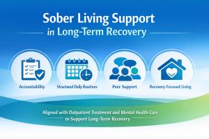 Infographic showing sober living support in long-term recovery, including accountability, structured routines, peer support, and recovery-focused living aligned with outpatient and mental health care.
