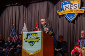 Vice Chief of Naval Operations U.S. Navy Adm. James W. Kilby addresses graduates during the Naval Postgraduate (NPS) School's Fall Quarter graduation ceremony, Friday, Dec 19. Kilby, a ‘93 NPS IT Management graduate, celebrated the achievements of the class.