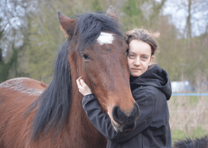 Woman in black hoodie gently touching the face of a brown horse with black mane in an outdoor setting, demonstrating trust and emotional connection.