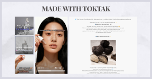 TokTak-generated layout showing a beauty product short-form video, a set of social images, and a blog-style post, all created from a single product link for use across multiple social channels.