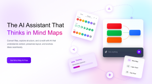 AI-powered mind map summarizer interface showing visual nodes, AI assistant input, and structured mind mapping layout.