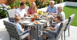 Aluminium garden furniture dining set for modern outdoor living, available in our Boxing Day sale.