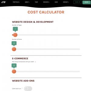 Screenshot of Creative Repute’s online cost calculator showing website design and development options inside a client-facing pricing and planning portal.
