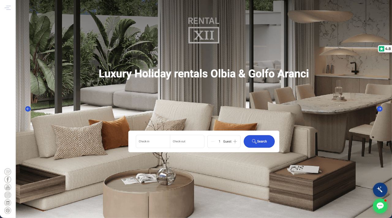RENTAL12 homepage showing owner-operated apartments in Sardinia with structured navigation and transparent information for guests.