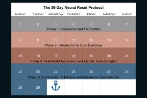 Calendar visualization of the 30-Day Neural Reset Protocol showing four color-coded phases: Phase 1 (Days 1-7) Awareness and Foundation; Phase 2 (Days 8-14) Introduction to Core Exercises; Phase 3 (Days 15-21) Real-World Application and Identity Transform