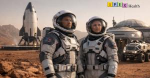 Two astronauts standing in front of a base on Mars with a rocket ship in the background