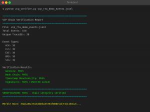 Terminal showing successful VCP hash chain verification with 150 events