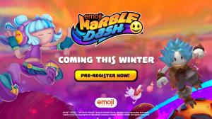 emoji™ Marble Dash game thumbnail featuring colorful emoji characters as racers, game logo, 'This Winter' release date, and 'Register Now' call-to-action
