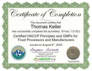 HACCP certificate Food Processors and Manufacturers 2025