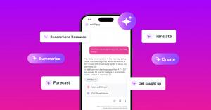 Screenshot of Zipline’s AI assistant interface showing summarized policy answers with cited sources, surrounded by feature callouts including Summarize, Forecast, Translate, Create, Recommend Resource, and Get caught up.