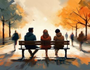 An illustration depicts 3 people sitting outdoors on a park bench with blurred images of other people walking past.