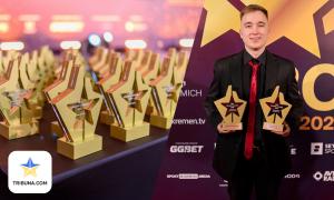 SBC Awards 2025 trophies for Football Xtra by Tribuna.com and Sports Journalist of the Year Stanislav Oroshkevych