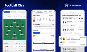 Football Xtra app screens with team lineups, live match statistics, and football transfer data