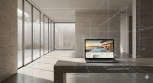 Modern residence interior with computer showing luxury property on desk.