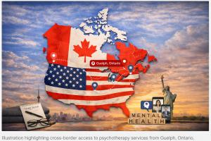Map of Canada and the United States illustrating expanded access to psychotherapy services from Guelph, Ontario, representing HST-exempt care and secure virtual mental health support across North America.