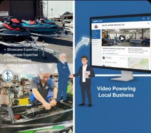 A professional composite image featuring a boat and jet ski repair workshop in Illinois. The scene is integrated with the mytsv.com business directory interface, highlighting how video content helps promote marine services. The Baltic Marine Services bran