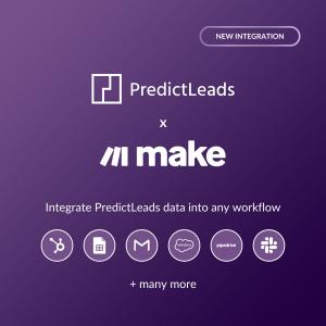 Graphic showing the PredictLeads and Make integration enabling automated workflows using real-time company intelligence.