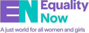 Equality Now logo for the Middle East and North Africa. It says' Equality Now A just world for all women and girls' in purple and teal font.