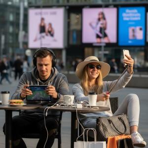 A man and woman sit at a cafe table, completely ignoring each other. The man is focused on a handheld gaming device with headphones on, while the woman smiles into a selfie stick. Shopping bags and charging cables clutter the table, illustrating a self-ab