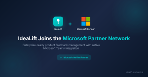 IdeaLift logo alongside Microsoft Partner logo with headline announcing IdeaLift joins the Microsoft Partner Network for enterprise product feedback management