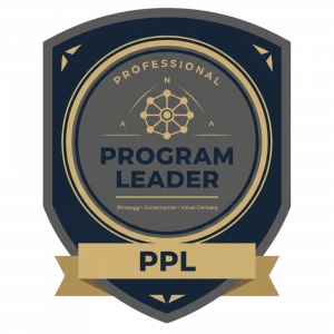 A navy and gold shield-shaped emblem labeled ‘Professional Program Leader’ with a network-style symbol at the top. The badge highlights strategy, governance, and value delivery, with ‘PPL’ displayed on a ribbon at the bottom.