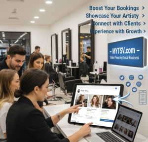 A split-screen style image showing a professional hair stylist at work in a bright, modern salon, transitioning into a sleek digital interface of the mytsv.com business directory. The visual emphasizes the connection between physical craft and effective o