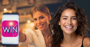 WIN PC App logo on Phone with Spokesperson and second young lady