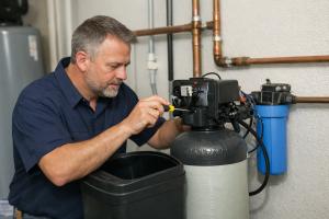 A technician repairing a water softener.