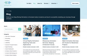 Educational Voice website blog page showcasing articles about 2D animation techniques, business marketing through video, and industry insights.