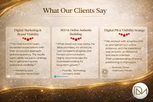 Client testimonials and partner reviews showcasing InventionDM’s digital marketing, SEO, and PR services, reflecting trust and long-term brand growth across India, UAE, and global markets.