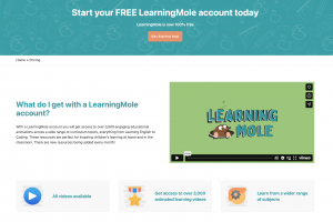 Free registration screen for LearningMole, the educational platform offering over 3900 videos and 1,000 printable worksheets for children.