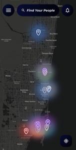 Bente app interface showing a real-time dark mode map with glowing colored pins representing users checked into local Hotspots.