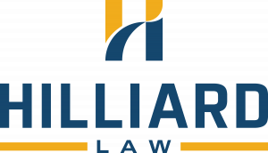 Image of the Hilliard Law logo. The logo includes an "H" logo mark at the top - the logo mark is blue and yellow. Underneath the logo mark is the word HILLIARD in all caps. Underneath that is the word LAW in a smaller font. THere are gold horizontal lines