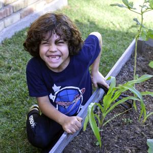 A child celebrates the growth of our plants in the garden.